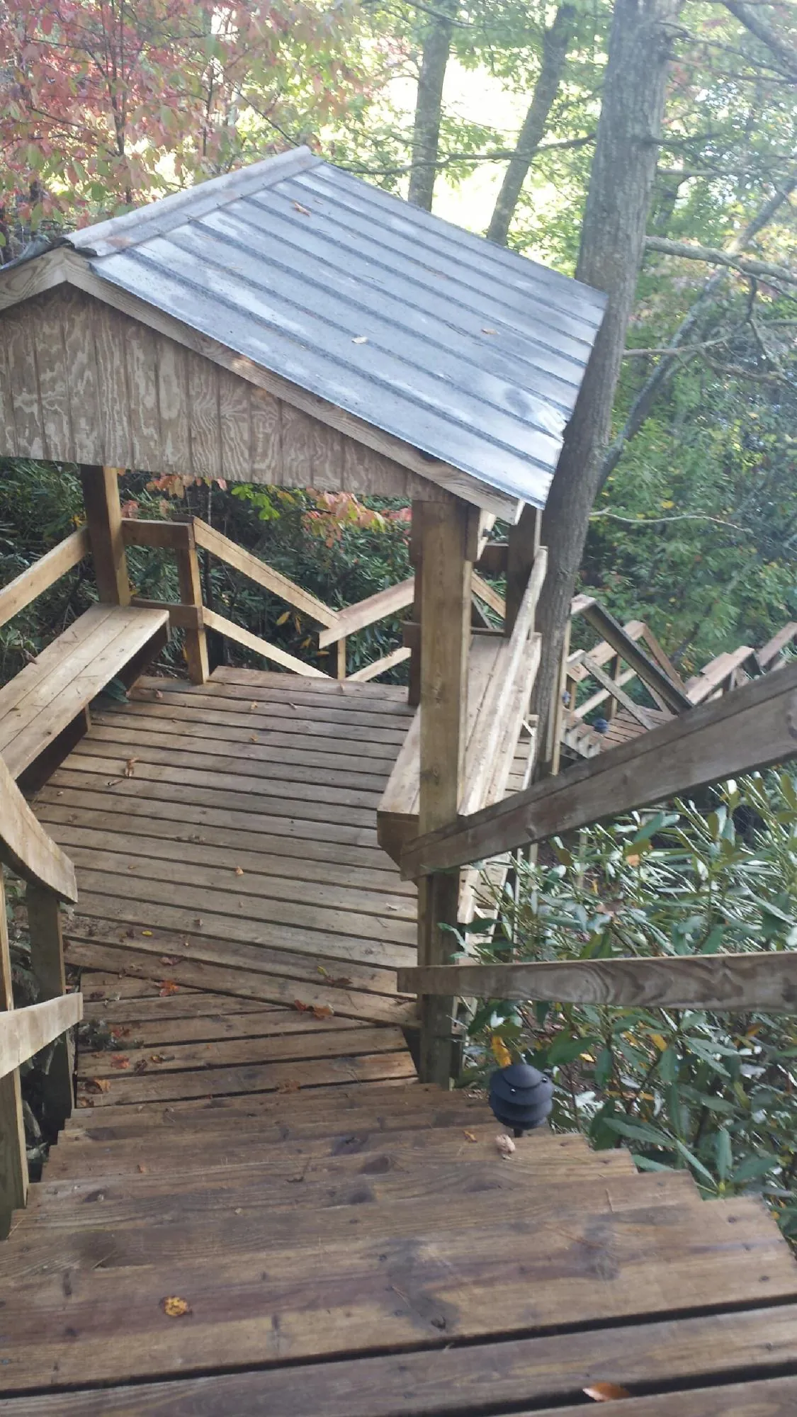 Metal roofed shelter over wooden steps on a wooded walkway — Skylight Repair & Installation work by our crew in Booneville
